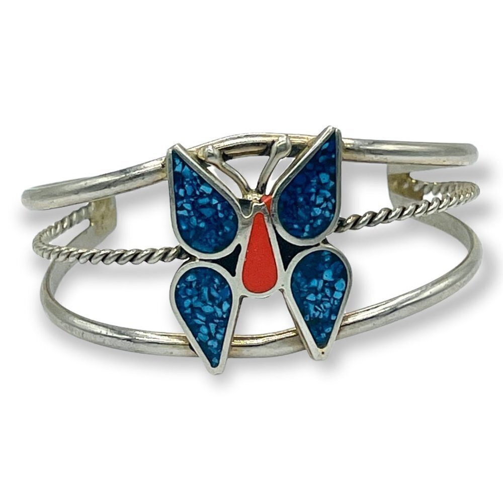 Vintage Native American Zuni Turquoise Inlay Sterling Silver Butterfly Bracelet